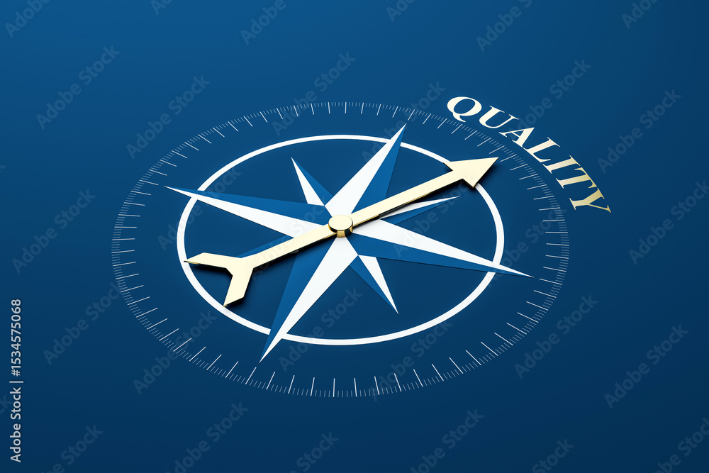 Poster Gold arrow compass icon pointing to quality on blue background representing guidance, direction, vision, and business progress concept. 3D Rendering