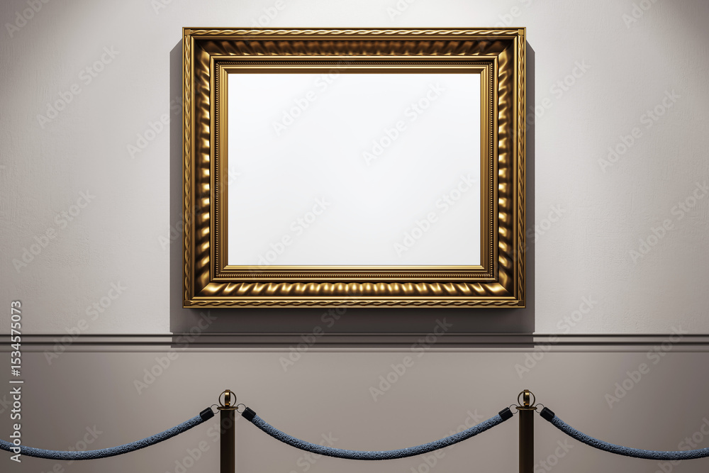 Poster empty ornate golden frame on exhibition wall with spotlight in elegant art gallery room interior and