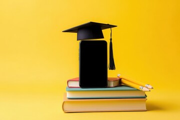 Minimalist graduation scene with smartphone, graduation cap, books, pencil, and yellow background