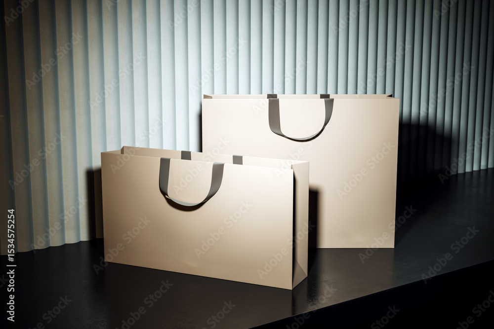 Poster blank luxury shopping bags mockup with soft shadows and dramatic lighting on dark floor and vertical