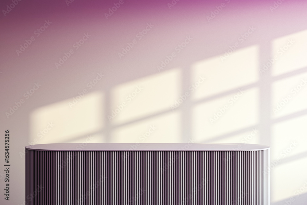 Poster Minimalist purple podium in stylish room with window shadow on wall for product placement or branding presentation template mockup design. 3D Rendering