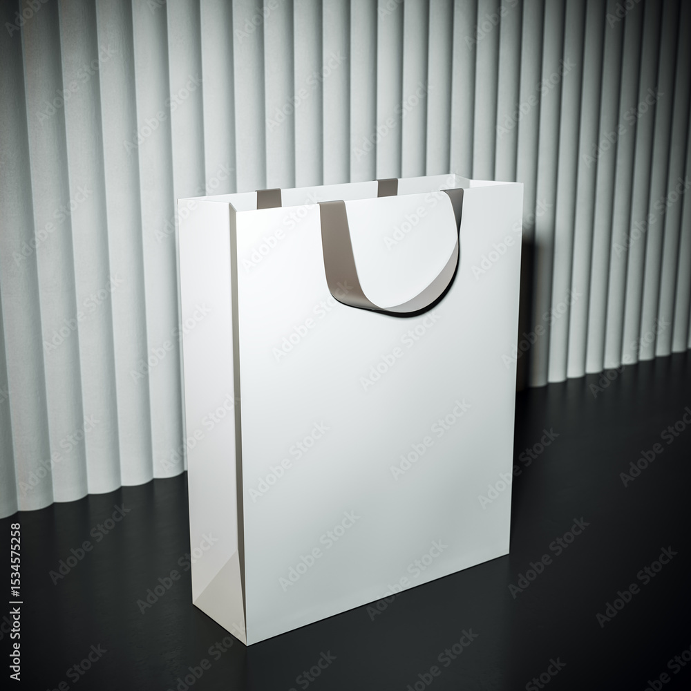 Aufkleber blank white shopping bag mockup with modern handle on dark floor and vertical curtain backdrop for b