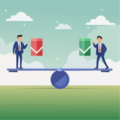 Demerit and merit evaluation, advantage and disadvantage in comparison, performance assessment, manager evaluation, judgment concept, businessman balance on seesaw with thumb up and thumb dow