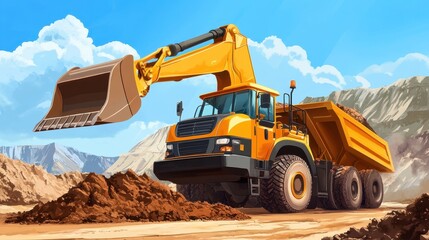 Obraz premium Heavy-Duty Excavator Truck Engaged in Earthmoving at a Construction Site