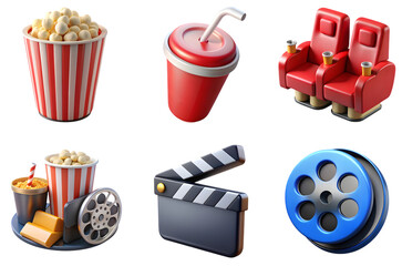 High quality 3D icon illustration showing sets of 3d movie png element set on transparent background designed for stock usage with transparent background and vibrant colors