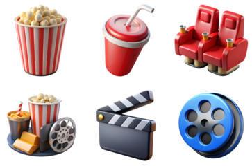 High quality 3D icon illustration showing sets of 3d movie png element set on transparent background designed for stock usage with transparent background and vibrant colors