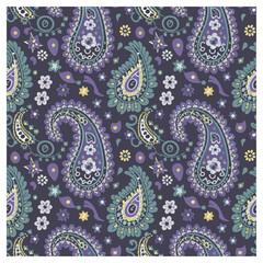 Whimsical paisley floral seamless pattern in lavender, teal, and yellow on dark charcoal. Great for scarves, kids' textiles, apparel fabrics, and decorative wrapping paper.