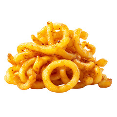 Golden Curly Fries Pile Seasoned Potato Snack Food isolated on a transparent background potato fries