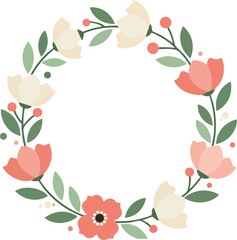 Fototapeta premium Floral wreath with soft pink and white flowers and green leaves vector illustration 