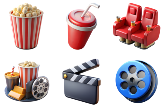 High quality 3D icon illustration showing sets of 3d movie png element set on transparent background designed for stock usage with transparent background and vibrant colors