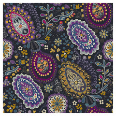 Festive folk paisley seamless pattern in jewel tones on charcoal. Ideal for boho dresses, party scarves, colorful bedding, creative packaging, and decorative home fabrics.