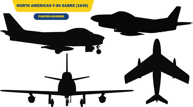 Vector Illustration of North American F-86 Sabre Fighter Jet Front Side and Top Silhouettes