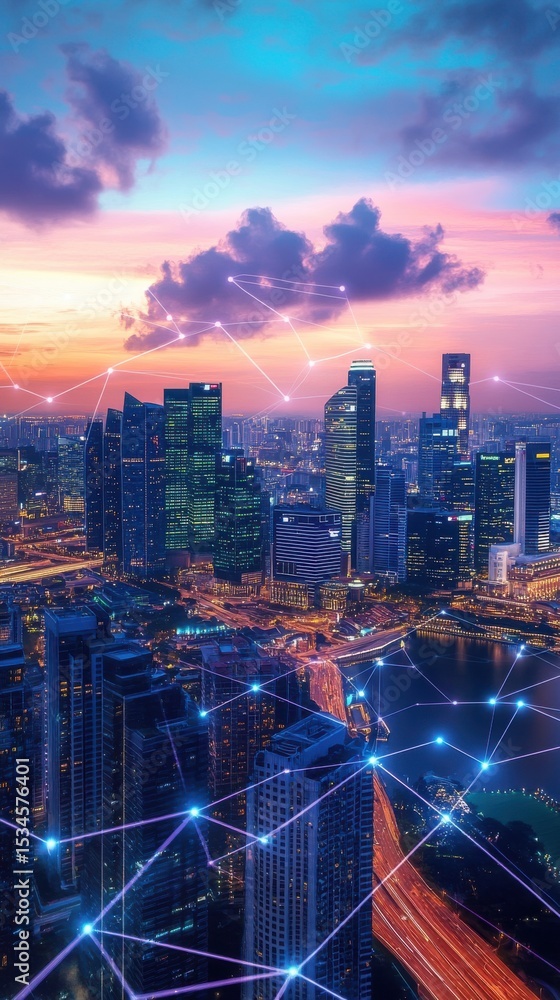 Poster aerial view of a cityscape at sunset with digital network connections on the architecture