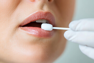 Naklejka premium Close-up of a person receiving a sample collection with a swab. Emphasizing health, beauty, and personal care routines. Skin and oral health concept.