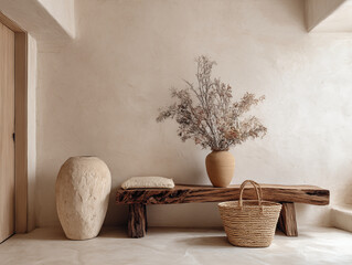 entryway with irregular wood bench, oversized hand-formed vase, plastered neutral wall, rattan basket