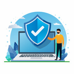 Obraz na płótnie Canvas Cyber security protection for safety computer network, safety shield to protect online threat or attack, digital privacy or encryption concept, man hold shield on computer laptop protect cyber attac