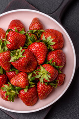 Strawberry, fresh juicy berries and fruits as background