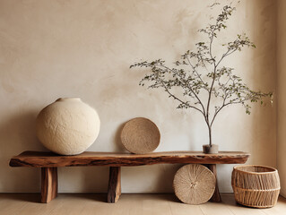 entryway with irregular wood bench, oversized hand-formed vase, plastered neutral wall, rattan basket