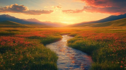 Fototapeta premium Vibrant Spring Sunset Over Mountain Meadow with Winding Stream Near Historic Ranch in Grand Teton National Park