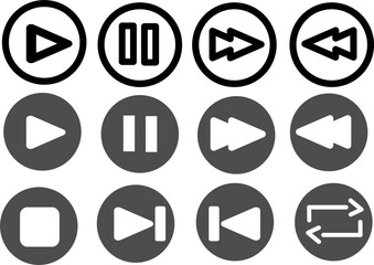 Set of media control icons &ndash; play, pause, stop, rewind, forward, repeat.