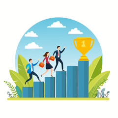 Growth to success, team achievement or teamwork to achieve target, career development or business strategy to win or victory, growing business concept, business people running up graph to troph