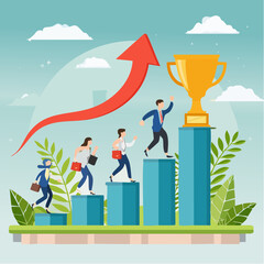 Growth to success, team achievement or teamwork to achieve target, career development or business strategy to win or victory, growing business concept, business people running up graph to troph