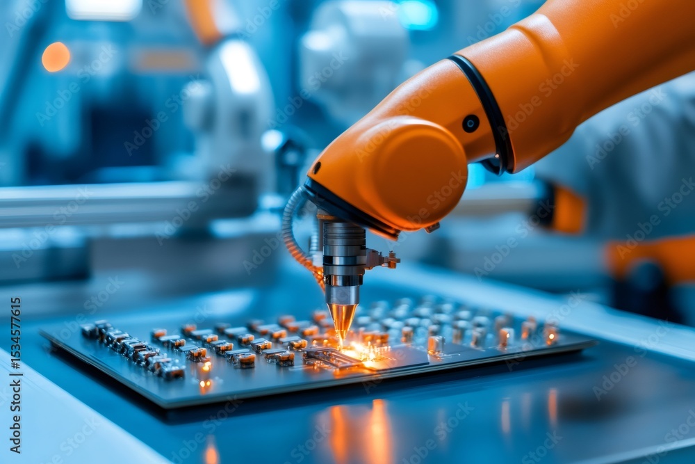 Poster Robotic arm working on circuit board in modern factory