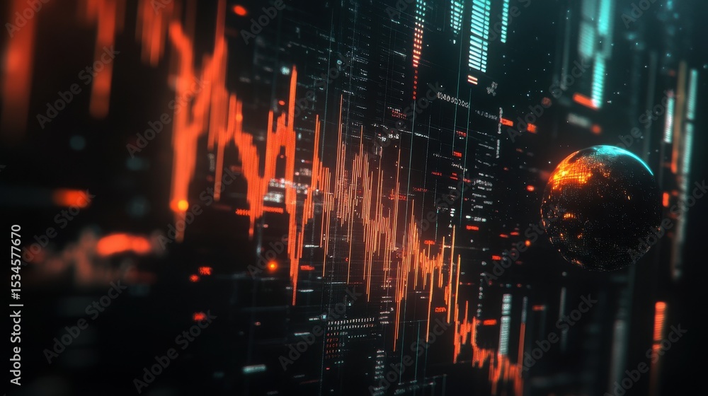 Poster abstract digital display showing orange waveform and glowing sphere on a dark background