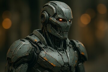 Futuristic combat robot in dark background