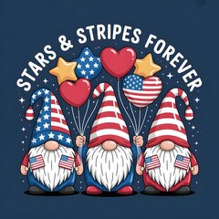Cute Patriotic Gnomes with 4th of July Balloons in Red White and Blue Outfits – Festive