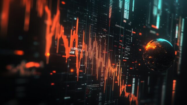 Abstract digital display showing orange waveform and glowing sphere on a dark background