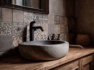 elegant Wabi-Sabi bathroom with stone sink basin, matte black faucet, handcrafted tile details, natural wood vanity, muted tones