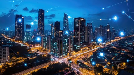 Obraz premium Urban Night Cityscape with Modern Buildings and Digital Connectivity Symbols Representing Technology and Innovation