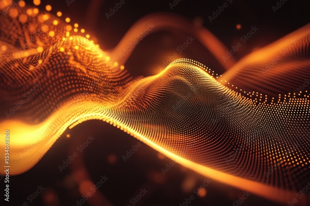 Poster abstract golden wave pattern with glowing dots on a dark background creating a digital landscape