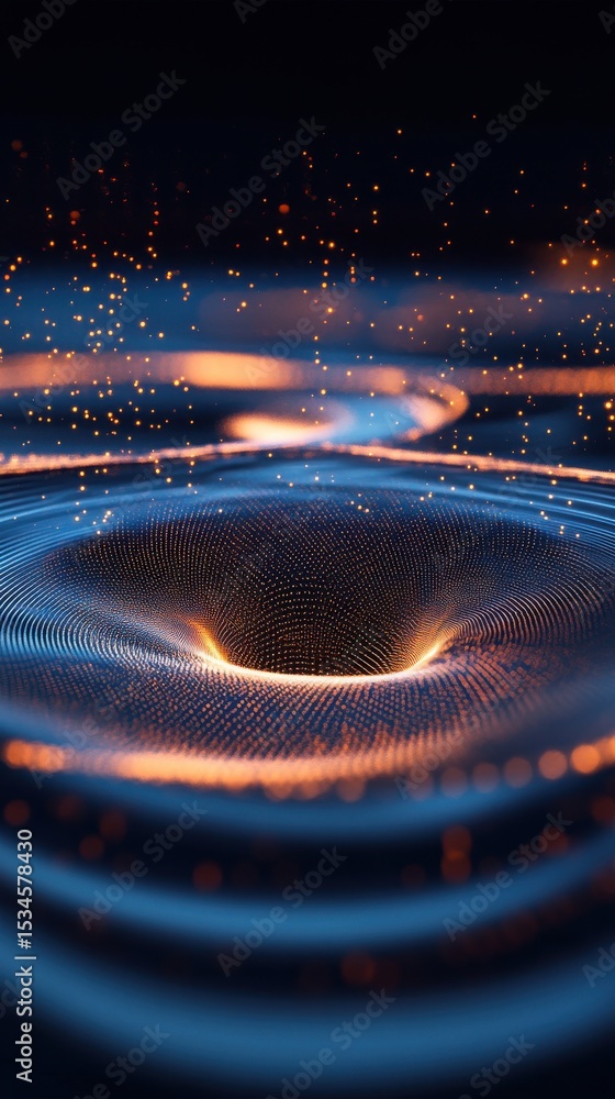 Poster abstract depiction of a black hole with glowing particles and concentric blue wave patterns around i