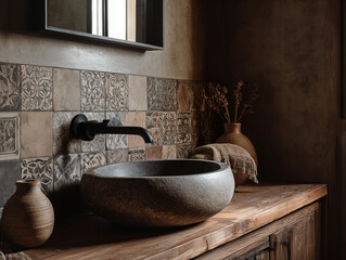 elegant Wabi-Sabi bathroom with stone sink basin, matte black faucet, handcrafted tile details, natural wood vanity, muted tones