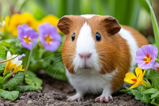 Cute guinea pig exploring a colorful flower garden - Powered by Adobe