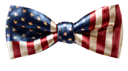 A detailed macro shot of an american flag themed silk bow tie on background