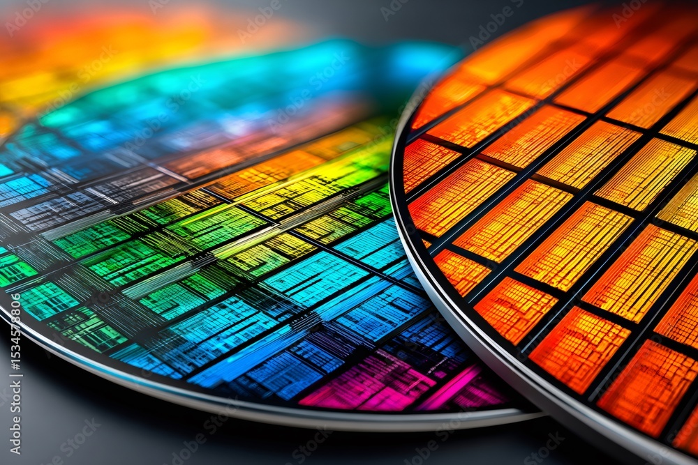 Poster silicon wafers showing colorful semiconductor circuits in close up detail