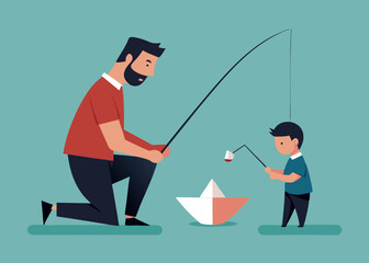 Father and son enjoying a fishing trip, a bonding moment, with copy space