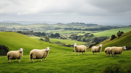 Fototapeta premium Sheep grazing on a lush green hill