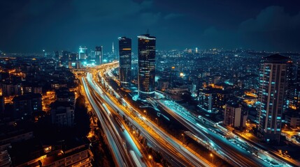 Fototapeta premium Nighttime Cityscape with Illuminated Skyscrapers and Flowing Traffic in a Modern Urban Environment