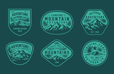 Set of vintage outdoor camping badges featuring various vector. Vintage print Adventure retro badge for t-shirt, poster or geographic theme. 