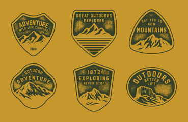 Set of vintage outdoor camping badges featuring various vector. Vintage print Adventure retro badge for t-shirt, poster or geographic theme. 