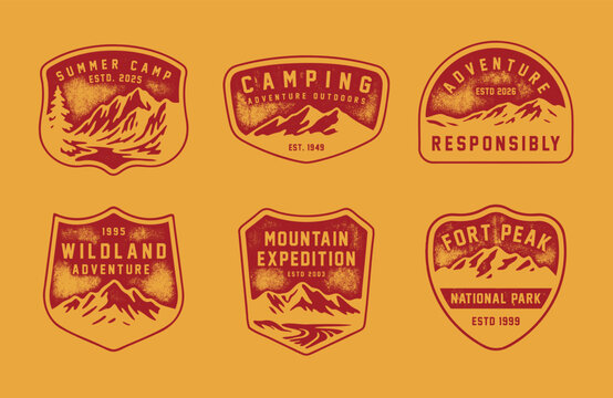 Set of vintage outdoor camping badges featuring various vector. Vintage print Adventure retro badge for t-shirt, poster or geographic theme. 
