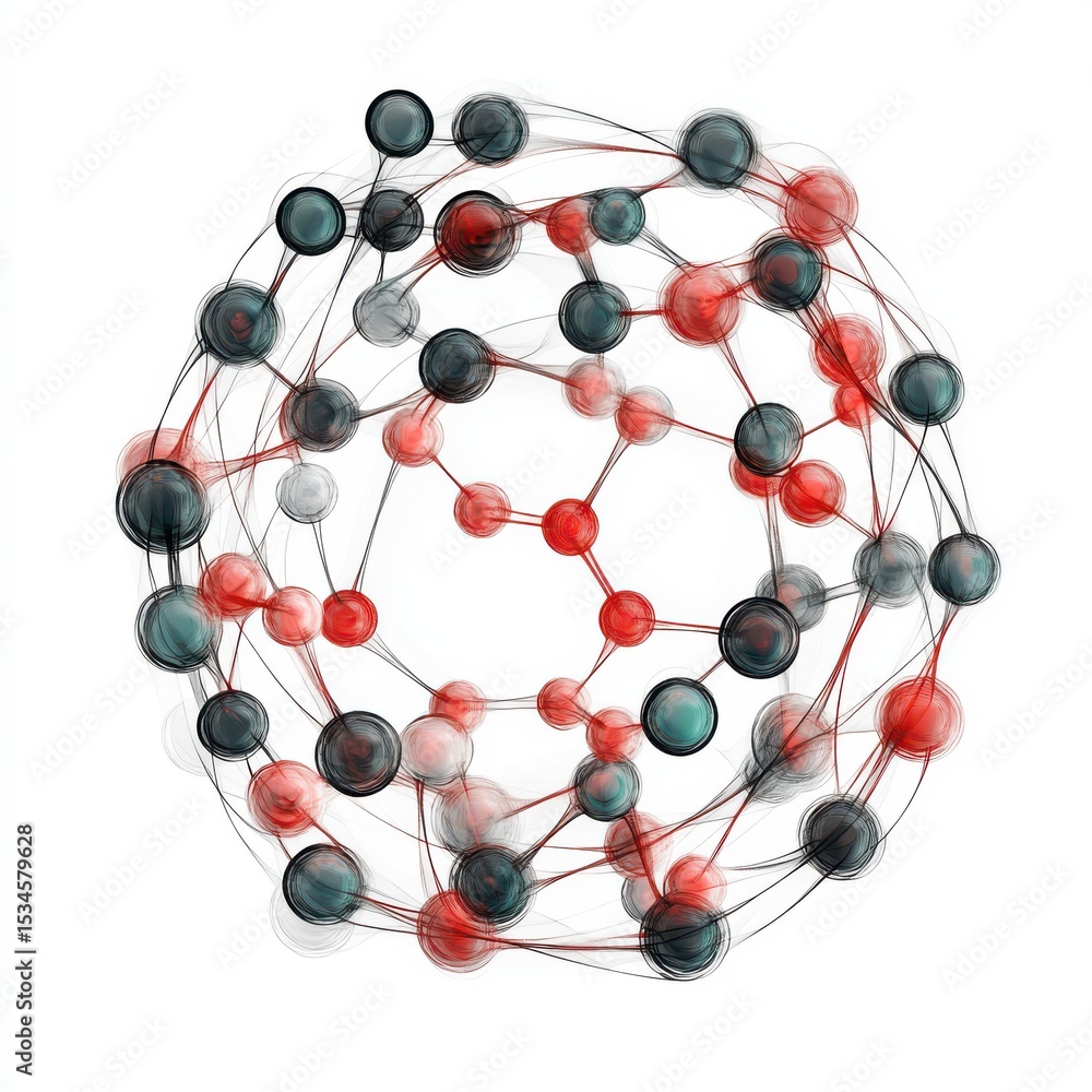 Poster a complex network of interconnected spheres in red gray and teal on a clean white background design 