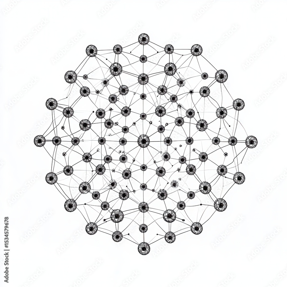 Poster a complex network of interconnected circles and lines forming a spherical abstract structure design
