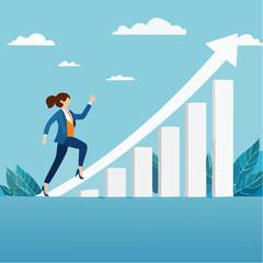 Career growth, growing business or leadership to overcome challenge, motivation to succeed, career development or ambition to success concept, confidence businesswoman walking up growth arrow stai