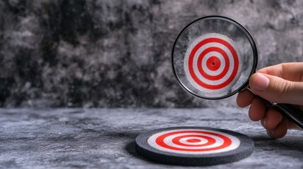 Hand holding magnifying glass over red and white target with another target below it on the surface