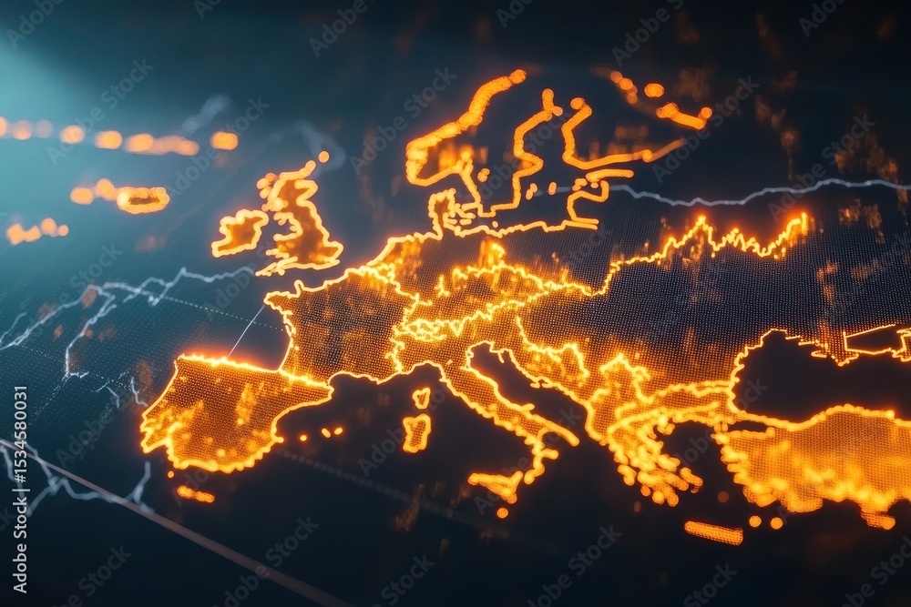 Aufkleber glowing europe map with digital lines and points on dark background showing country borders and data